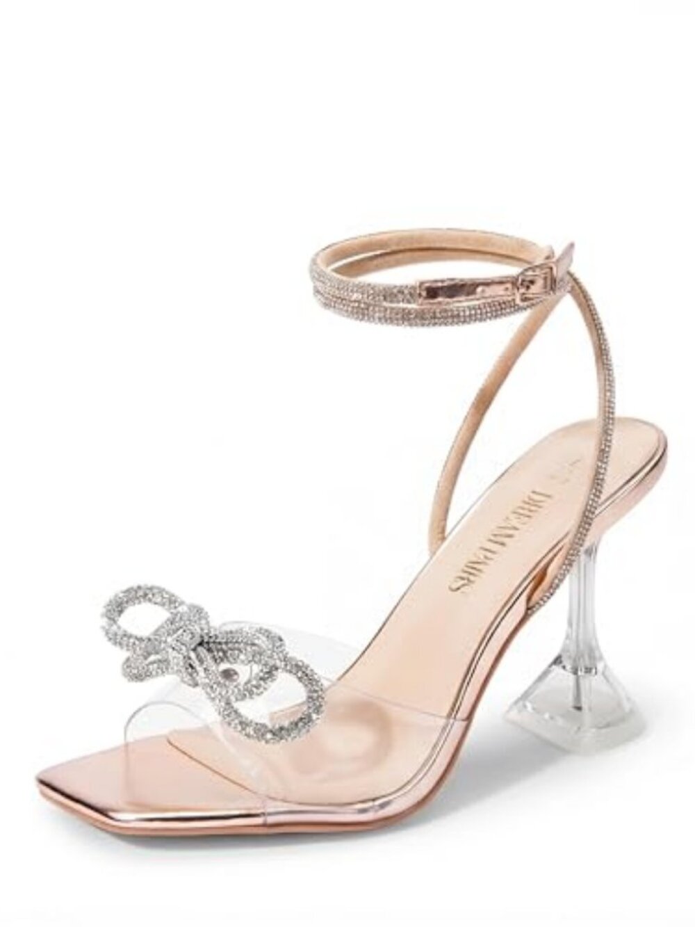 Stiletto Bow Heels for Women Strappy Sparkly Rhinestone Square Toe Clear Crystal